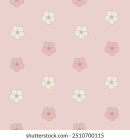 Padrão de vetor floral sem emenda com flores de vinca em rosa e marfim em um fundo rosa.  Perfeito para papel de parede, scrapbooking ou design de tecido. Desenhado à mão e recriado no Adobe Illustrator.