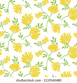 Vector floral seamless pattern with vintage flowers. Elegant modern summer background. Grunge print with yellow flowers for home decor and summer fashion. Botanical floral retro texture with leaves