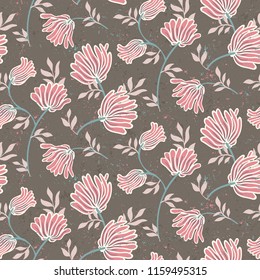 Vector floral seamless pattern with vintage flowers. Elegant ditsy summer background. Grunge print with cute flowers for home decor and summer fashion. Ditsy botanical floral retro texture with leaves