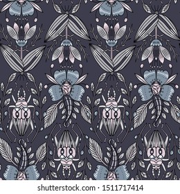 vector floral  seamless pattern with vintage style blooms, leaves and insects on a dark grey background 