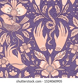 vector floral seamless pattern with vintage style elements on a violet background