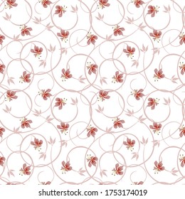 Vector floral seamless pattern. Vintage ornament with small pretty flowers, curly branches, leaves, twigs. Liberty style wallpapers. Pink and white color. Abstract background. Elegant repeat design 