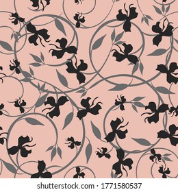 Patrón vector floral sin soldadura. Ornamento vintage con hermosas flores, ramas rizadas, hojas, ramas. Papel de pared al estilo de la libertad. Textura rosa y negra. Antecedentes abstractos. Diseño retro elegante