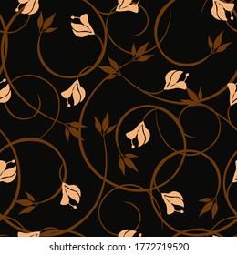 Vector floral seamless pattern. Vintage ornament with curly twigs, leaves, branches, flowers, buds. Simple floral wallpapers. Black and brown texture. Retro abstract background. Elegant repeat design
