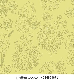 Vector floral seamless pattern. Vintage natural texture with arrangements from flowers. Retro texture with different bouquets