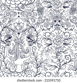 vector floral seamless pattern with vintage roses,skulls and mermaids