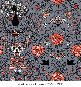 vector floral seamless pattern with vintage roses and skulls
