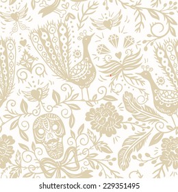 vector floral seamless pattern with vintage skulls,peacocks and roses