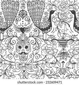 vector floral seamless pattern with vintage peacocks,skulls and roses