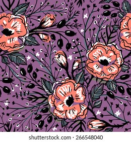 vector floral seamless pattern with vintage roses and berries