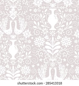 vector floral seamless pattern with vintage peacocks, vases and floral elements