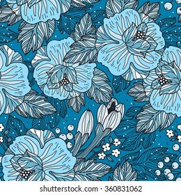 vector floral seamless pattern with vintage blooming roses on a blue background