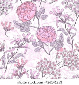 vector floral seamless pattern with vintage roses and plants