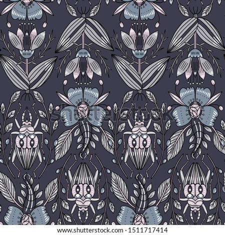 vector floral  seamless pattern with vintage style blooms, leaves and insects on a dark grey background 