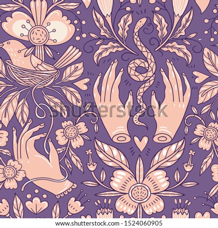 vector floral seamless pattern with vintage style elements on a violet background