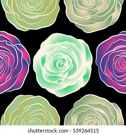 Vector floral seamless pattern. Violet, green and neutral roses isolated on a black background.