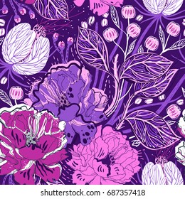 vector floral seamless pattern with violet blooming roses