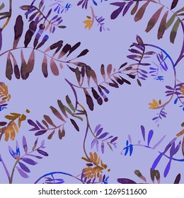 Vector floral seamless pattern. Watercolor wildflowers, branches and foliage. Bright botanical drawing. Background with flowers for wallpaper, textiles, fabric, clothes, souvenirs, wrapper, surface. 