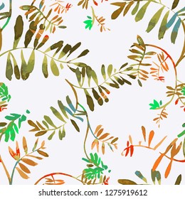 Vector floral seamless pattern. Watercolor wildflowers, branches and foliage. Bright botanical drawing. Background with flowers for wallpaper, textiles, fabric, clothes, souvenirs, wrapper, surface. 