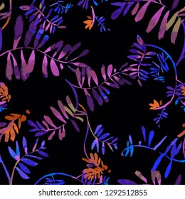 Vector floral seamless pattern. Watercolor wildflowers, branches and foliage. Bright botanical drawing. Background with flowers for wallpaper, textiles, fabric, clothes, souvenirs, wrapper, surface. 