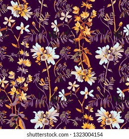 Vector floral seamless pattern. Watercolor wildflowers, branches and foliage. Bright botanical drawing. Background with flowers for wallpaper, textiles, fabric, clothes, souvenirs, wrapper, surface. 