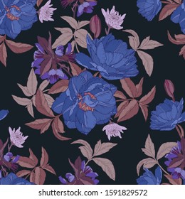 Vector floral seamless pattern with watercolor tulips, chrysanthemums and apple blossom