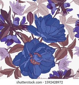 Vector floral seamless pattern with watercolor tulips, chrysanthemums and apple blossom