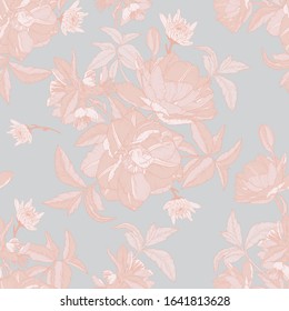 Vector floral seamless pattern with watercolor tulips, chrysanthemums and apple blossom