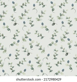Vector floral seamless pattern with watercolor blue flowers and green leaves on green background.	