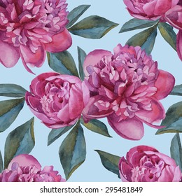 Vector floral seamless pattern with watercolor pink peonies. Background with bouquets of hand-drawn watercolor flowers
