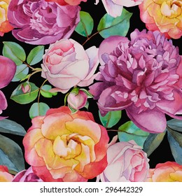 Vector floral seamless pattern with watercolor roses and peonies. Background with bouquets of hand-drawn watercolor flowers 