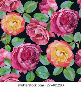 Vector floral seamless pattern with watercolor roses. Background with bouquets of hand-drawn watercolor flowers 