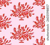 Vector floral seamless pattern. Whimsical red elegant flowers in a pot in hand drawn style on pink background. Garden decor. Retro vibe. Cottage core.