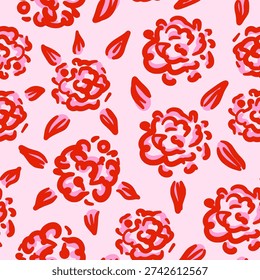Vector floral seamless pattern. Whimsical red flowers with leaves in hand drawn style. Roses or peonies. Retro vibe. Cottage core.