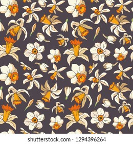 Vector floral seamless pattern whit narcissus. Daffodils on brown background
