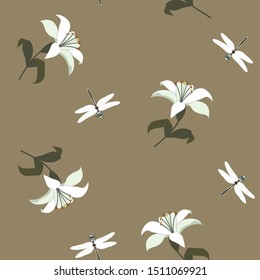 Vector floral seamless pattern with white lilies and dragonflies on a dark background. Floral background in vintage style.