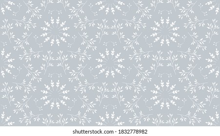 Vector floral seamless pattern. White silhouettes of plant branches on a gray background.