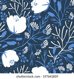 vector floral seamless pattern with white poppies and abstract plants