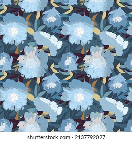 Vector floral seamless pattern. White and blue peonies, blue and beige leaves on a deep blue background. Floral illustration for surface decoration, wallpapers, cards, banners and more.