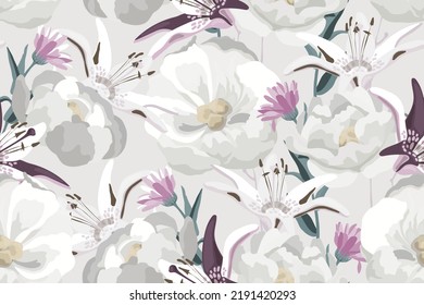 Vector floral seamless pattern. White and violet flowers on a milky background. Floral design for decorating surfaces, wallpapers, cards, templates, and more.