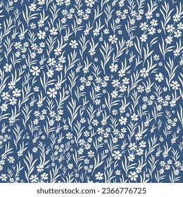 Vector floral seamless pattern. Seamless pattern with white flowers and leaves with stems. Floral elements are highlighted on a blue background.