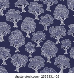 Vector floral seamless pattern. White trees contour on a dark blue background