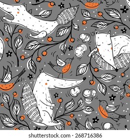 vector floral seamless pattern with white foxes and cherry branches