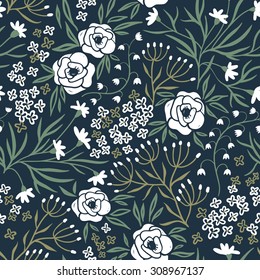  vector floral seamless pattern with white roses and abstract plants