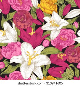 Vector floral seamless pattern with white and red lilies, pink and yellow roses. Floral background in vintage style.