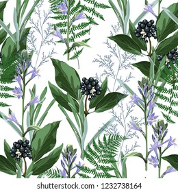 Vector floral seamless pattern with wild berries branch, herbs, grasses, fern and bels flowers. Vintage white background.