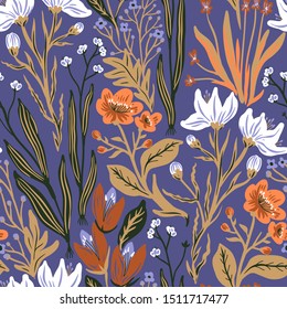 vector floral  seamless pattern with wild herbs and blooming flowers on a violet background