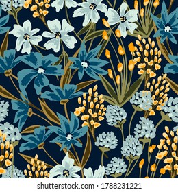 Vector floral seamless pattern with wild blooming flowers and meadow flowering plants. Beautiful backdrop with wildflowers. Elegant vector illustration for wrapping paper, wallpaper, web