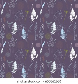 Vector floral seamless pattern with  wild meadow grasses, fern leaves and stylized flowers outlines . Hand drawn thin with thin lines plants in pastel colors.
