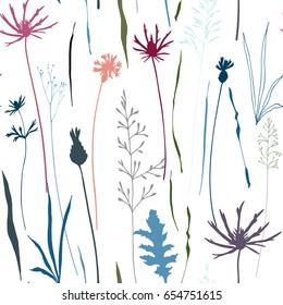 Vector floral seamless pattern with wild meadow flowers, herbs and grasses.Thin delicate line silhouettes of different plants - johnson's grass, cornflowers, thistles. 